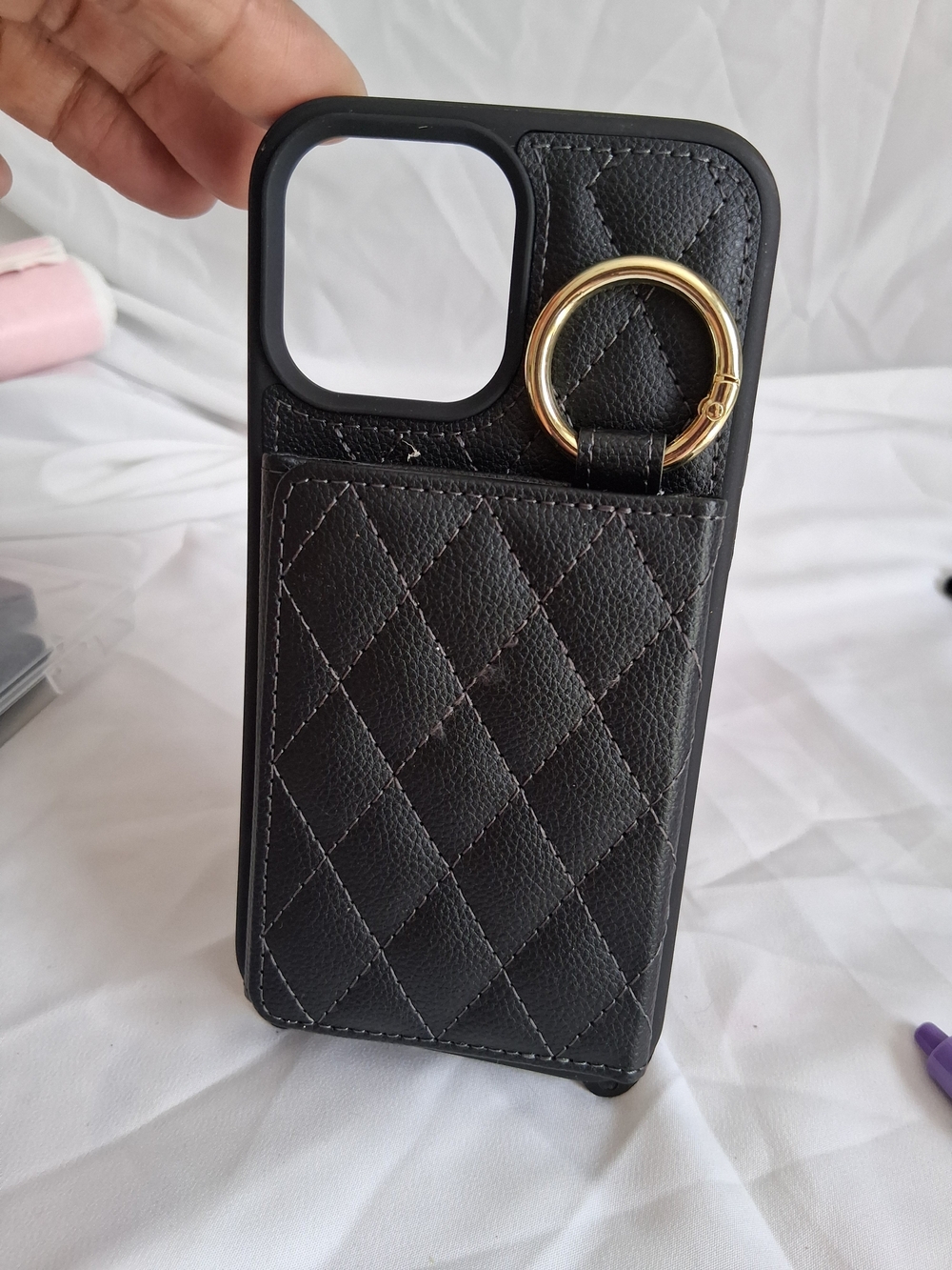 Black Quilted Leather Cardholder Phone Case with Gold Ring